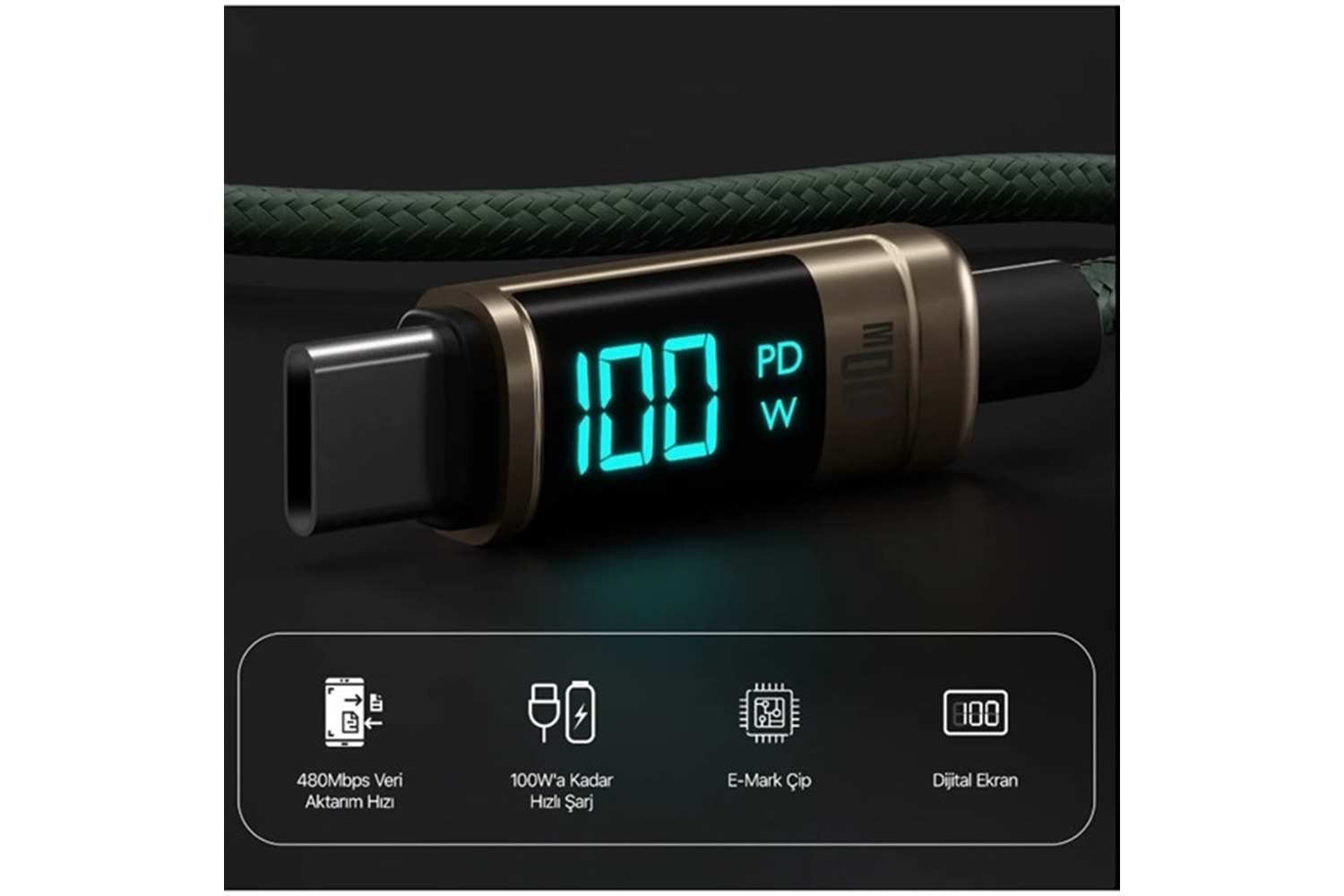 BİX BX09CC-BN BRONZ TYPE-C 100W 1 metre DİJİTAL EKRANLI ŞARJ VE DATA KABLOSU