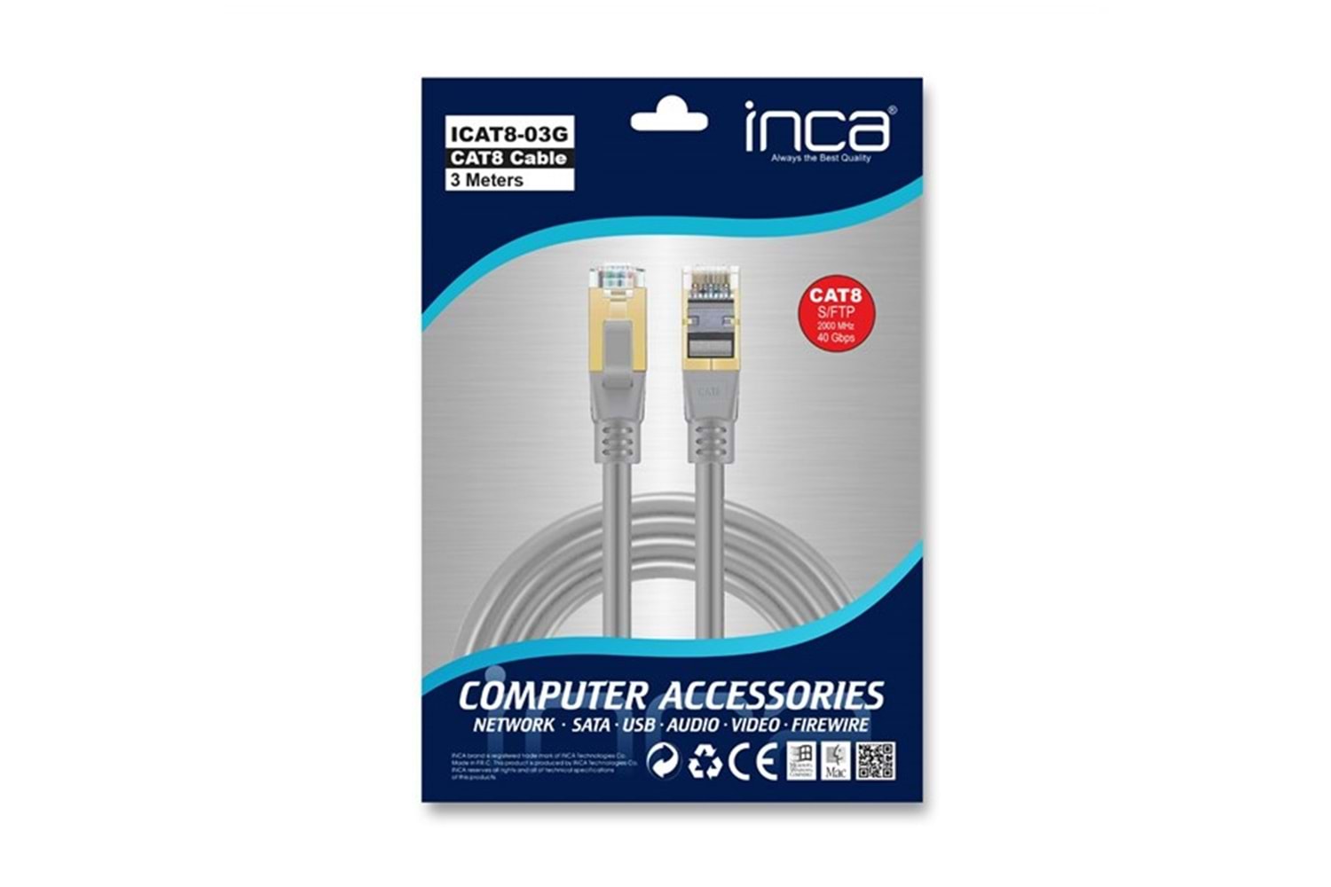 INCA 3m CAT8 S/FTP ICAT8-03G Gri Patch Kablo