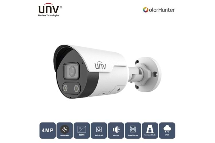 UNV 4MP IPC2124LE-ADF28-KMC-WL 2.8MM 50Mt Colorhunter Ip67 H265+ Ir Bullet Ip Kamera (Dahili Sesli Ve Hoparlörlü)