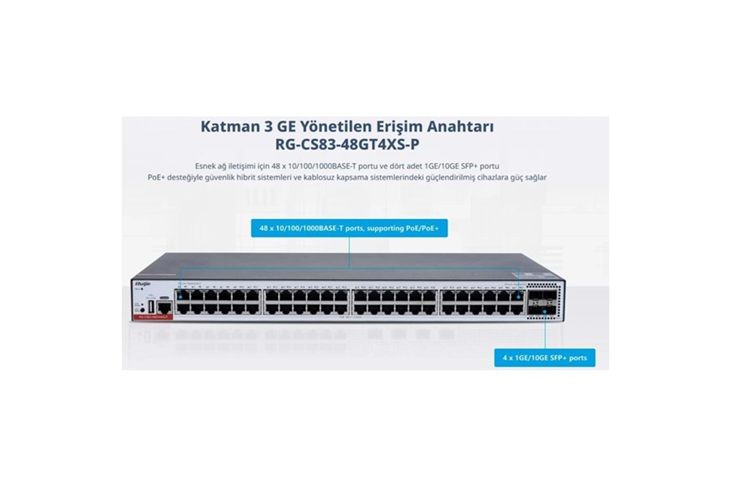 RUIJIE 48port RG-CS83-48GT4XS-P GIGABIT 4-10GBE SFP+ 405W LAYER3 YÖNETİLEBİLİR POE SWITCH