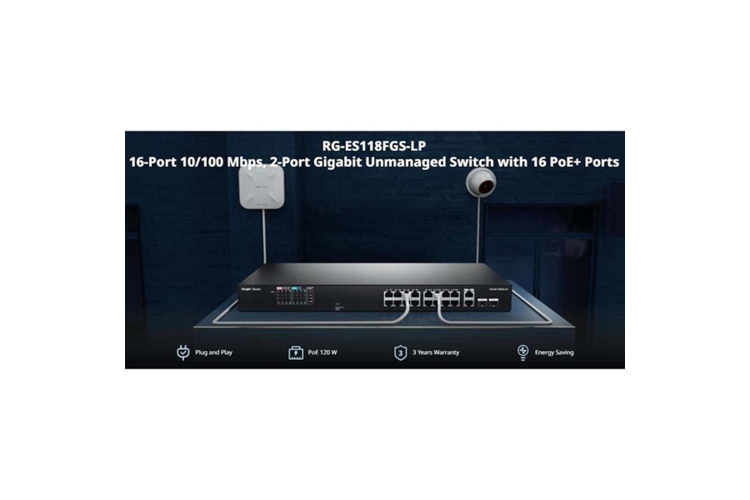RUIJIE REYEE 16port RG-ES118FGS-LP 10/100 2-UPLINK 2-SFP 120W YÖNETİLEMEZ POE SWITCH