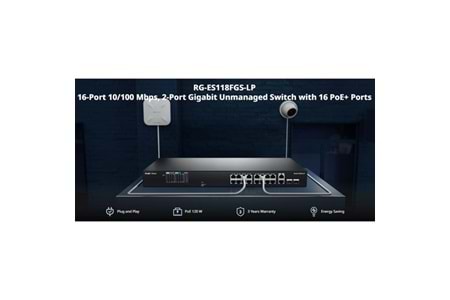 RUIJIE REYEE 16port RG-ES118FGS-LP 10/100 2-UPLINK 2-SFP 120W YÖNETİLEMEZ POE SWITCH