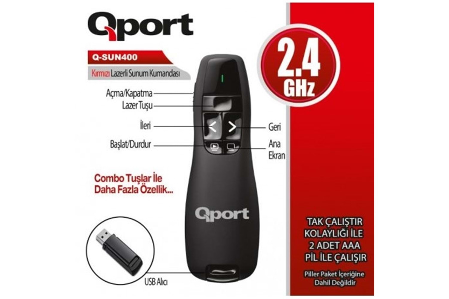 QPORT Q-SUN400 2.4 GHZ USB KIRMIZI LAZERLİ SUNUM KUMANDASI