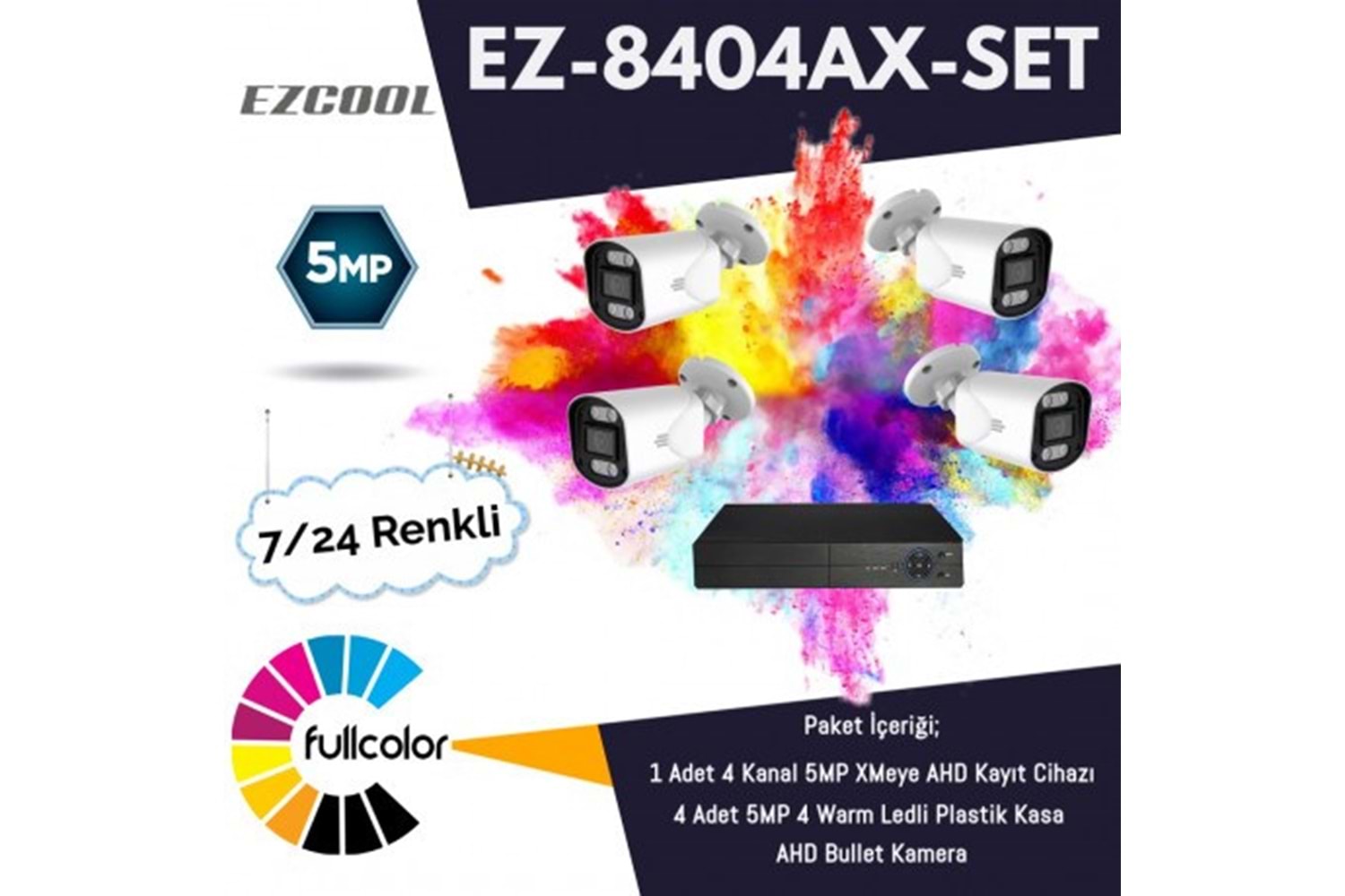 EZCOOL 5MP EZ-8404AX-SET FULLCOLOR BULLET AHD KAMERA+4kanal DVR 4-lü paket