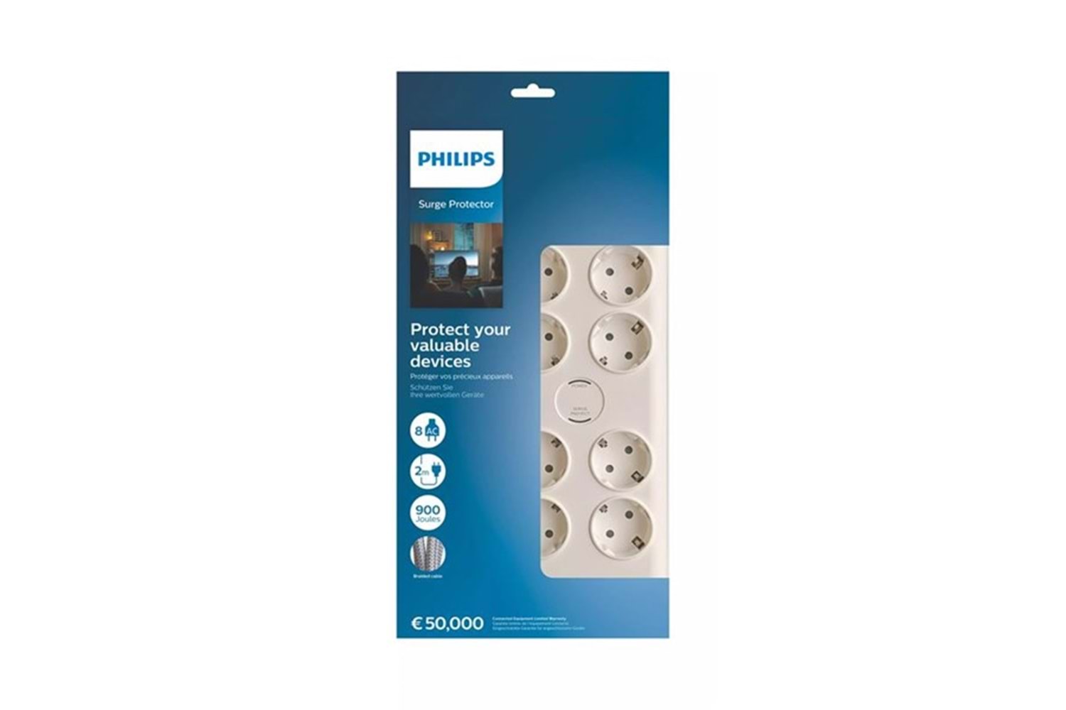PHILIPS 8-li SPN7080WA/62 900 Joules Akım Koruma Prizi Beyaz