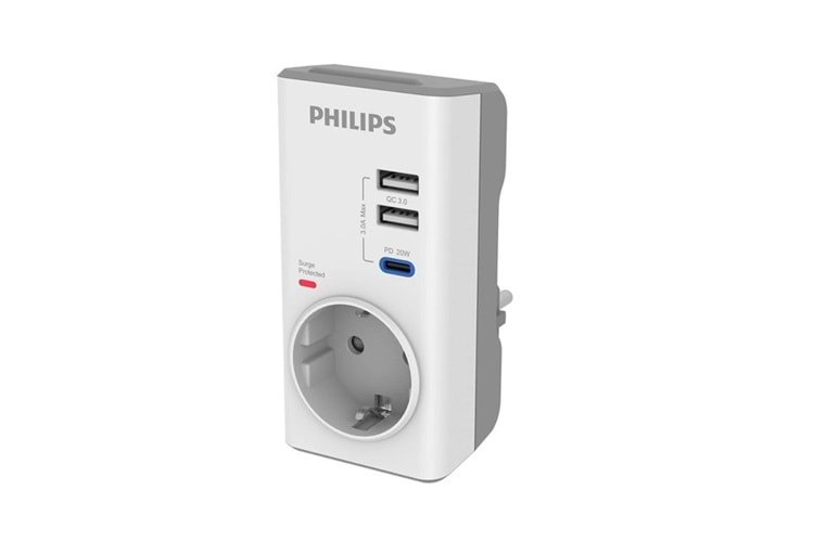 PHILIPS 1-li CHP8010W/10 380 Joules Akım Koruma Prizi Beyaz USB,TYPE-C