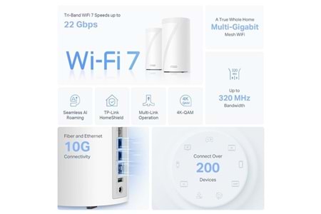 TP-LINK DECO BE85 BE19000 Wifi7 Üç Bantlı Tüm Ev İçin Mesh Router