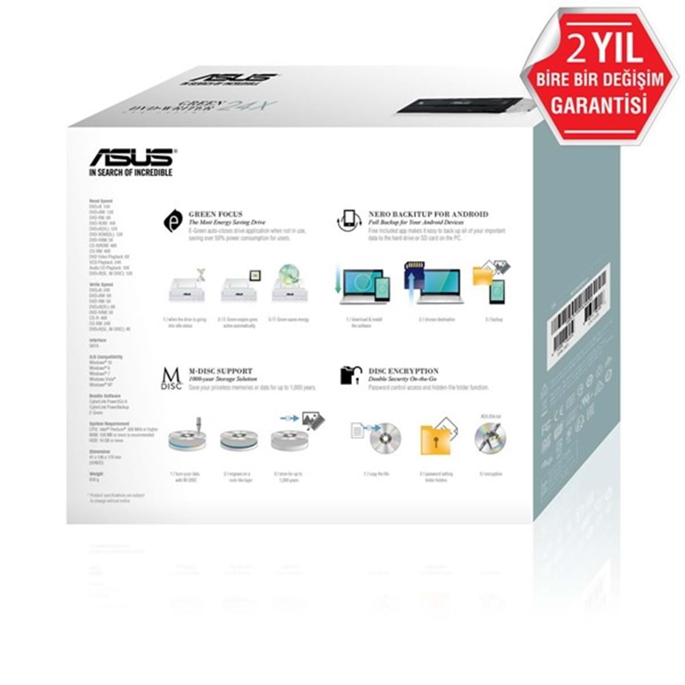 Asus Drw-24D5mt 24X Dahili Dvd Yazıcı Kutulu M-Disc Destekli Siyah