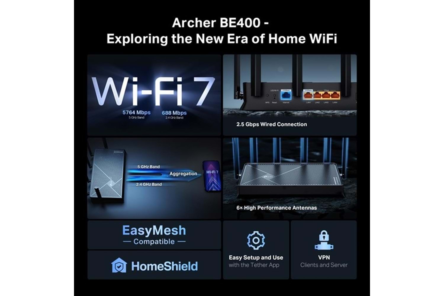 TP-LINK ARCHER BE400 WIFI7 BE6500 DUAL BAND ROUTER