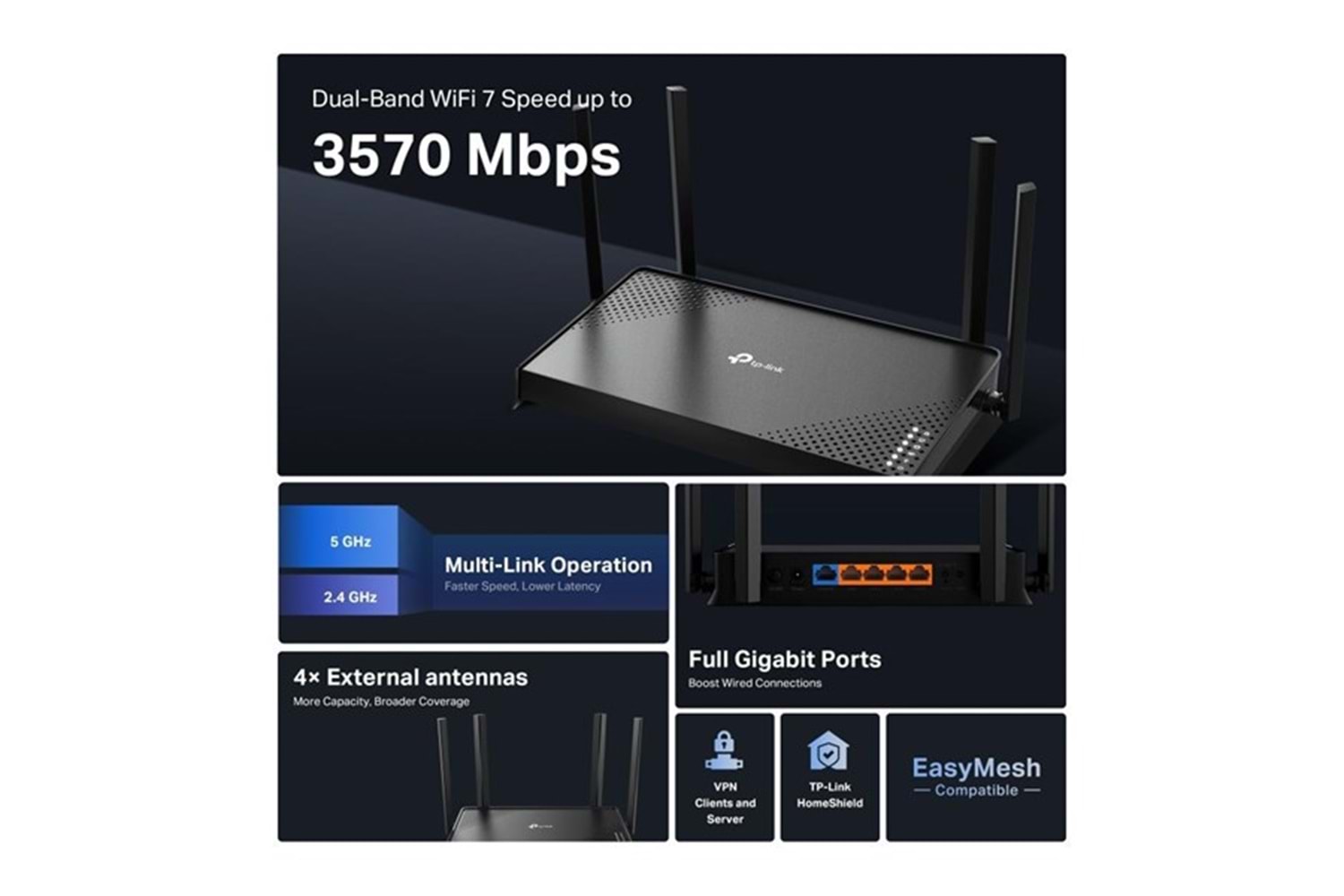 TP-LINK ARCHER BE220 BE3600 WIFI7 DUAL BAND ROUTER
