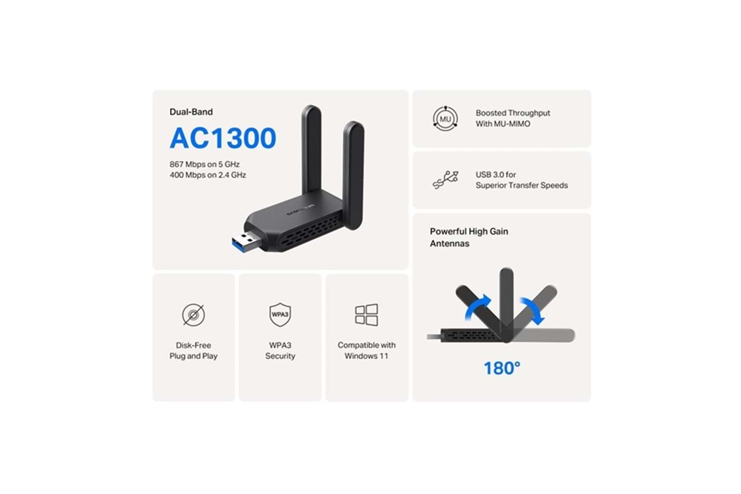 MERCUSYS MA32H AC1300 USB 3.0 KABLOSUZ AĞ ADAPTÖRÜ