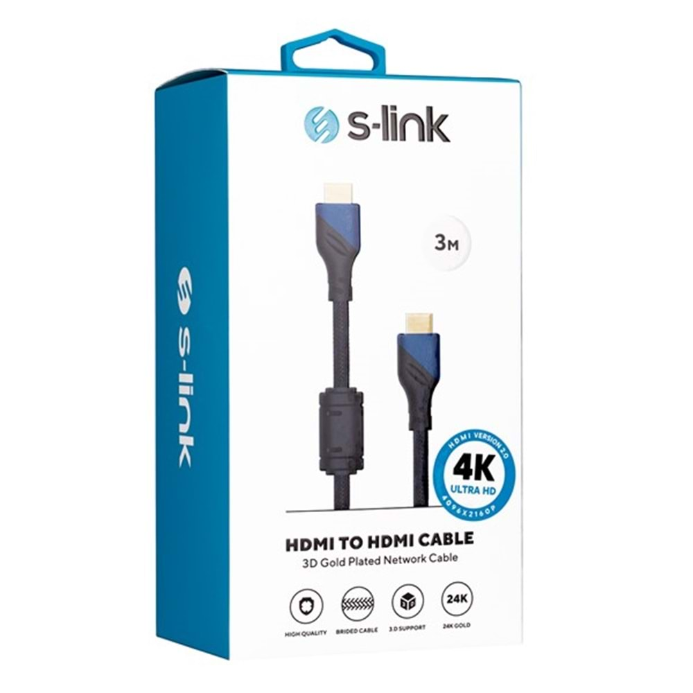 S-link SLX-258 HDMI TO HDMI 3m Altın Uçlu 24K + Kor.Kılıf 1.4 Ver. 3D Kablo